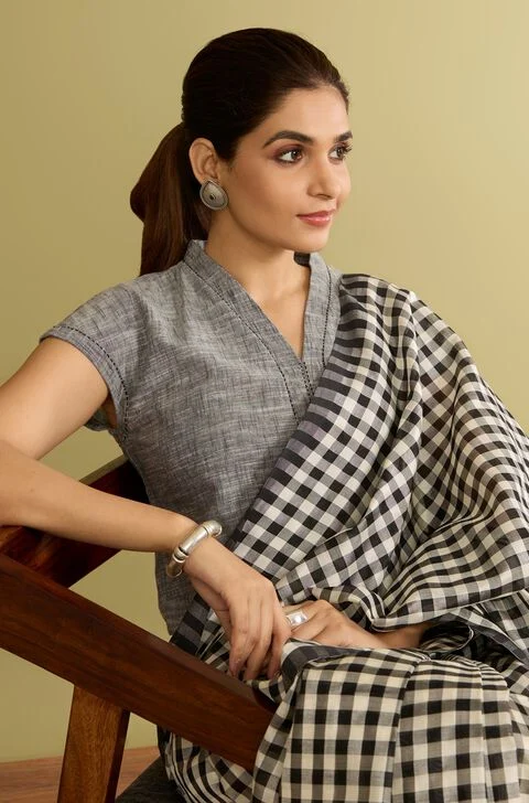 Grey Checked Cotton Blouse – Grey & Black